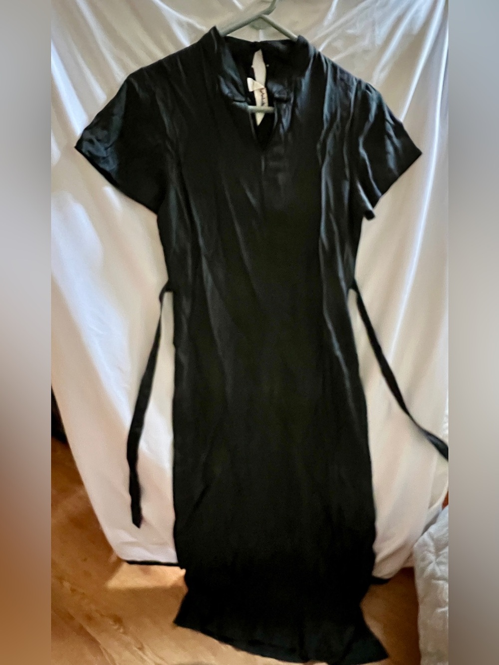 Black Satin Midi Dress Short Sleeve Tie Waist Minimalist Elegant Cocktail